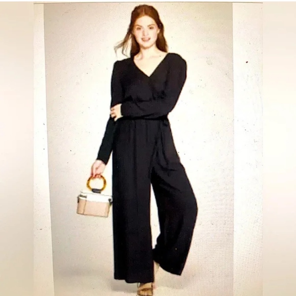 A New Day Black Front Tie Long Sleeve Jumpsuit with Pockets and Belt. Size S